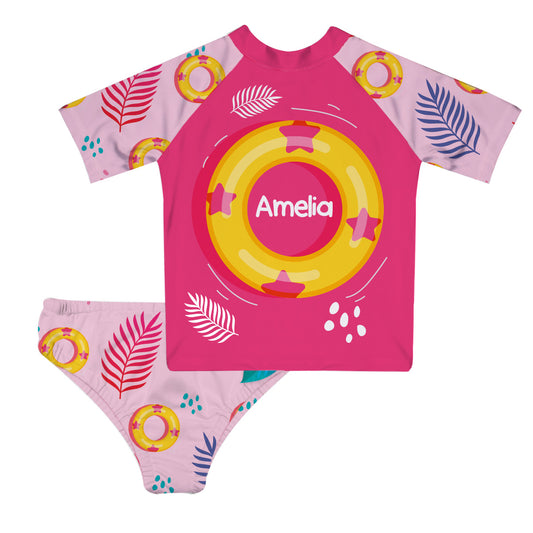 Pool Elements Print Personalized Name Pink 2pc Short Sleeve Rash Guard