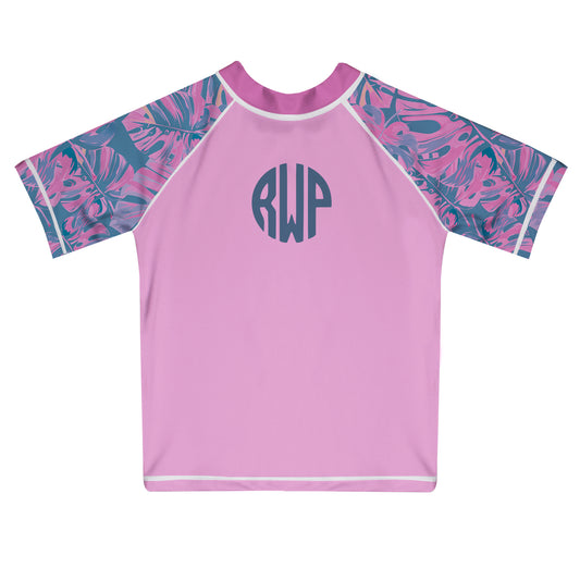 Palms Print Monogram Pink Short Sleeve Rash Guard