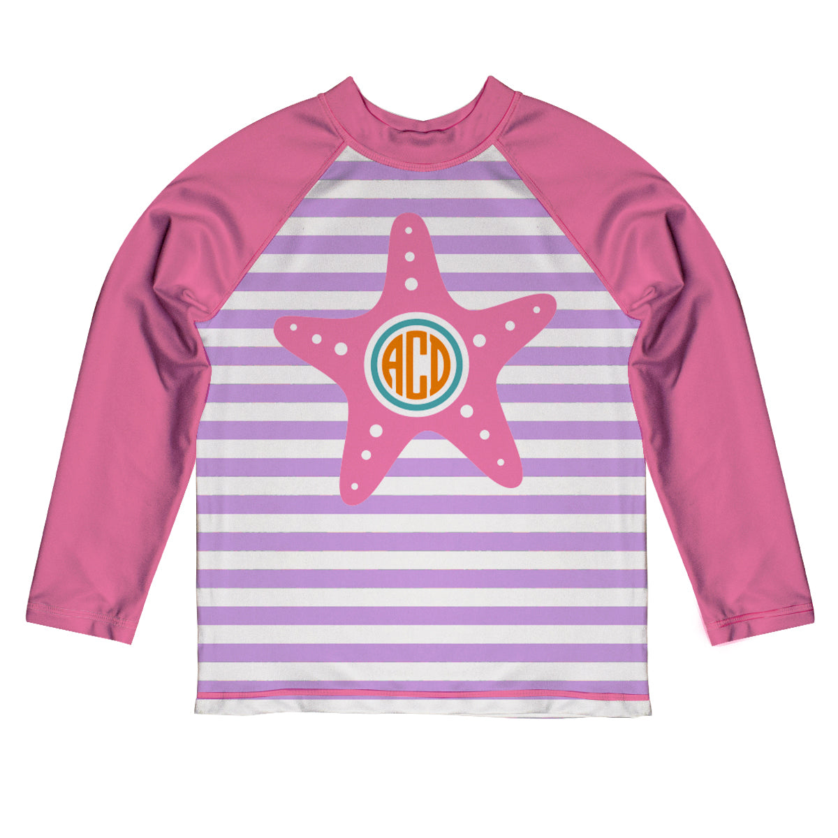 Star Monogram Pink White and Purple Stripes Long Sleeve Rash Guard
