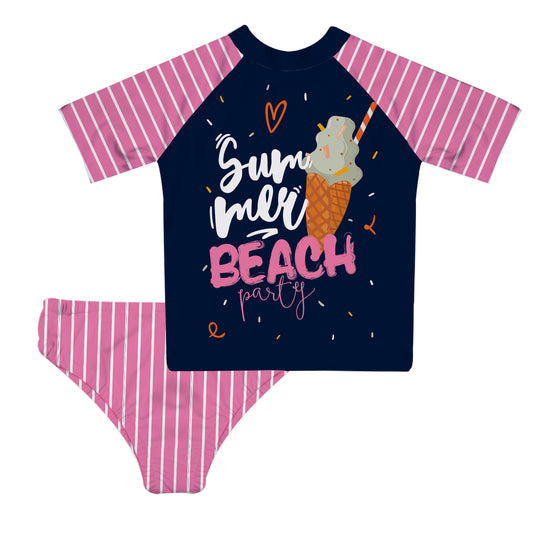 Summer Pink and Navy 2pc Short Sleeve Rash Guard