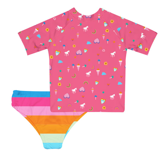 Summer Print Rainbow Colors 2pc Short Sleeve Rash Guard