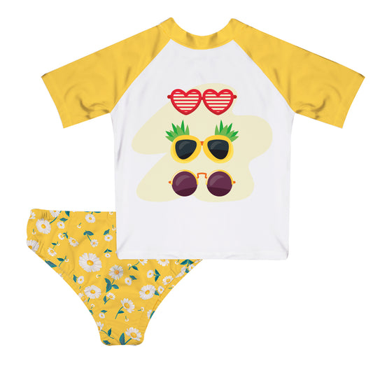 Sunglasses White and Yellow 2pc Short Sleeve Rash Guard
