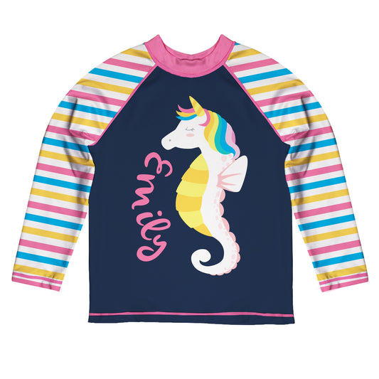 Unicorn Personalized Name Navy Long Sleeve Rash Guard