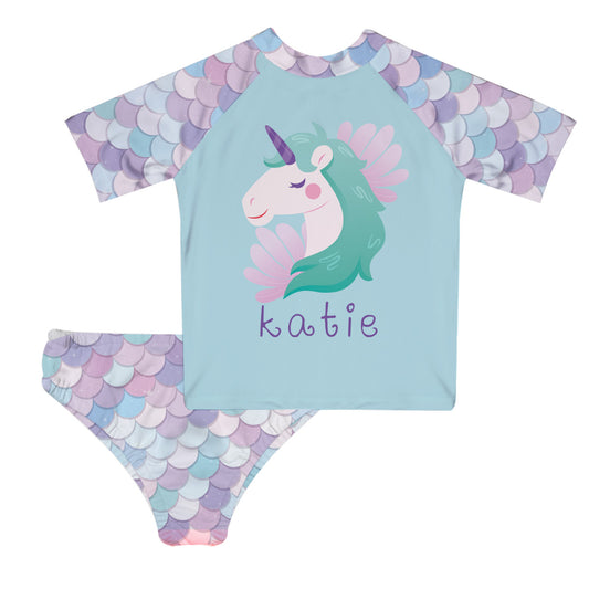 Unicorn and Mermaid Personalized Name Light Blue 2pc Short Sleeve Rash Guard