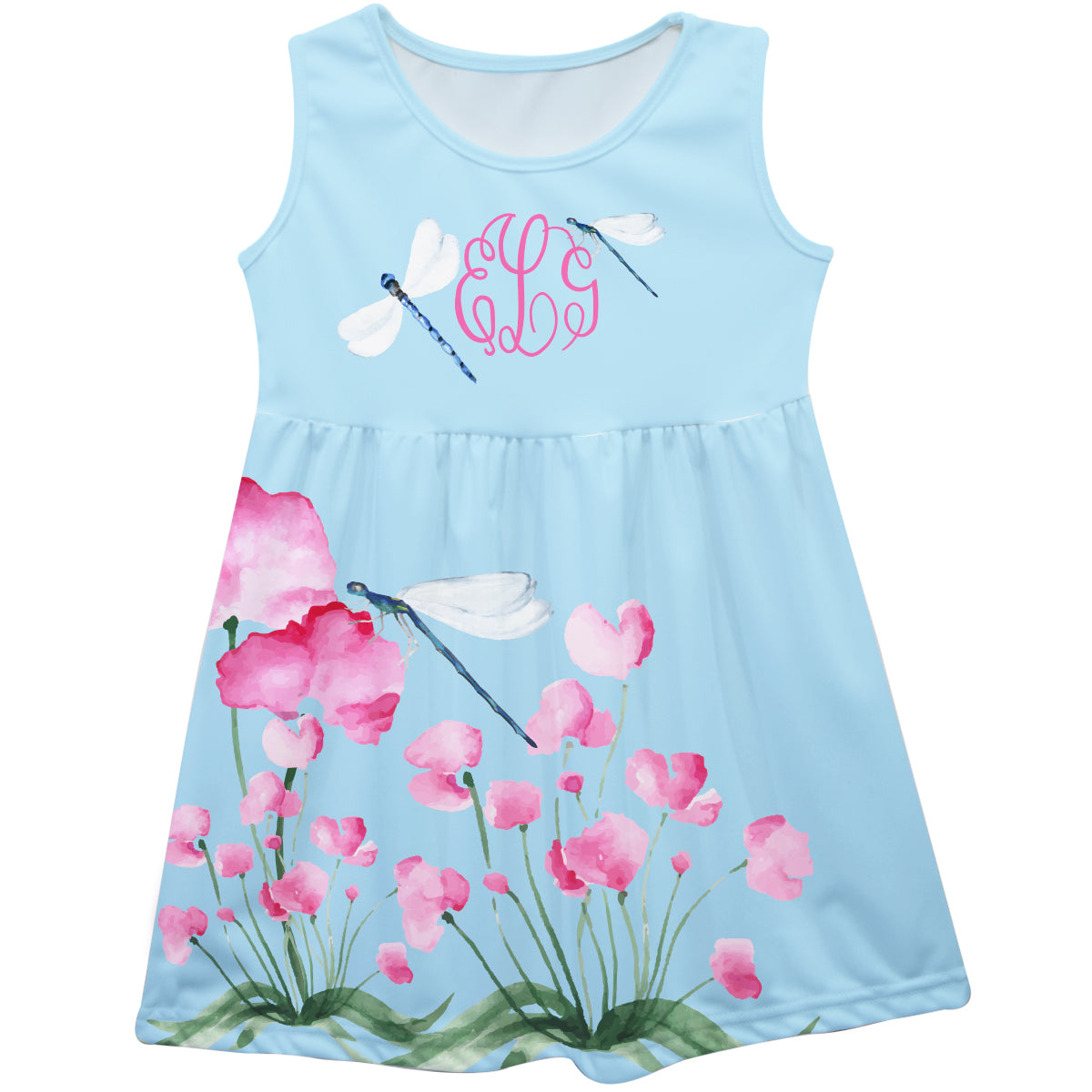 Flowers and Dragonflies Monogram Light Blue Tank Dress