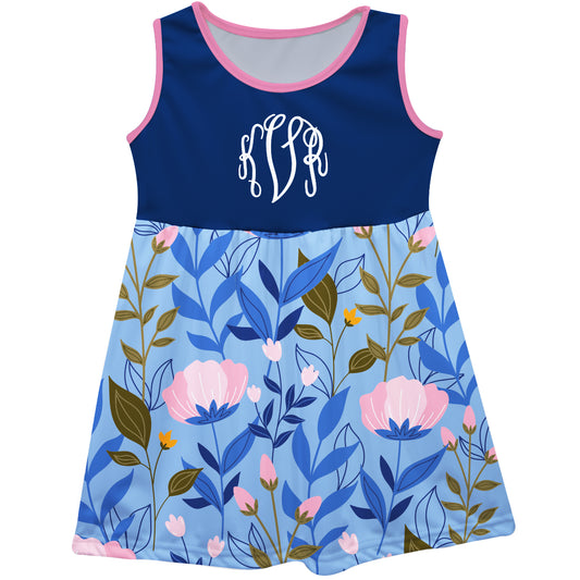 Flowers Print Personalized Monogram Blue Tank Dress