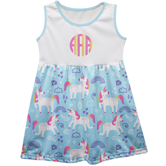 Unicorn Print Personalized Monogram White And Light Blue Tank Dress
