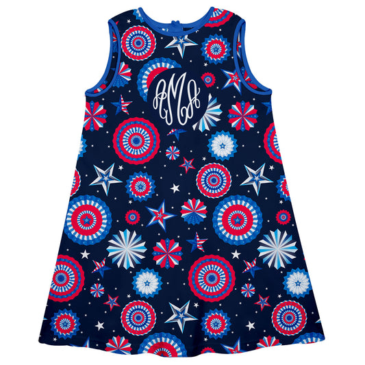 American Stars Print Personalized Monogram Navy A Line Dress
