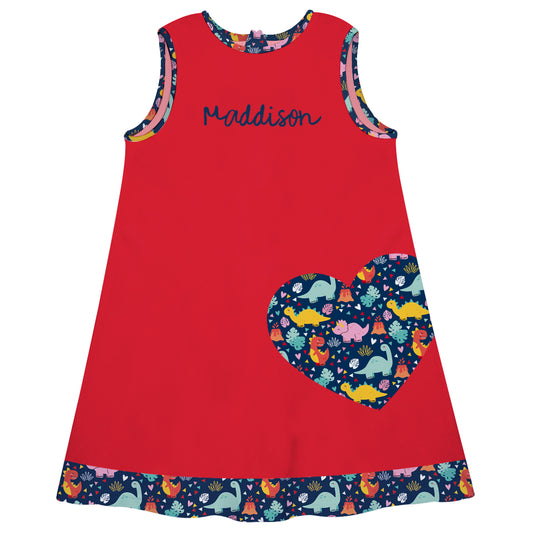 Dinosaur and Name Red A Line Dress