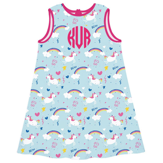 Rainbow And Unicorn Print Personalized Monogram Light Blue A Line Dress