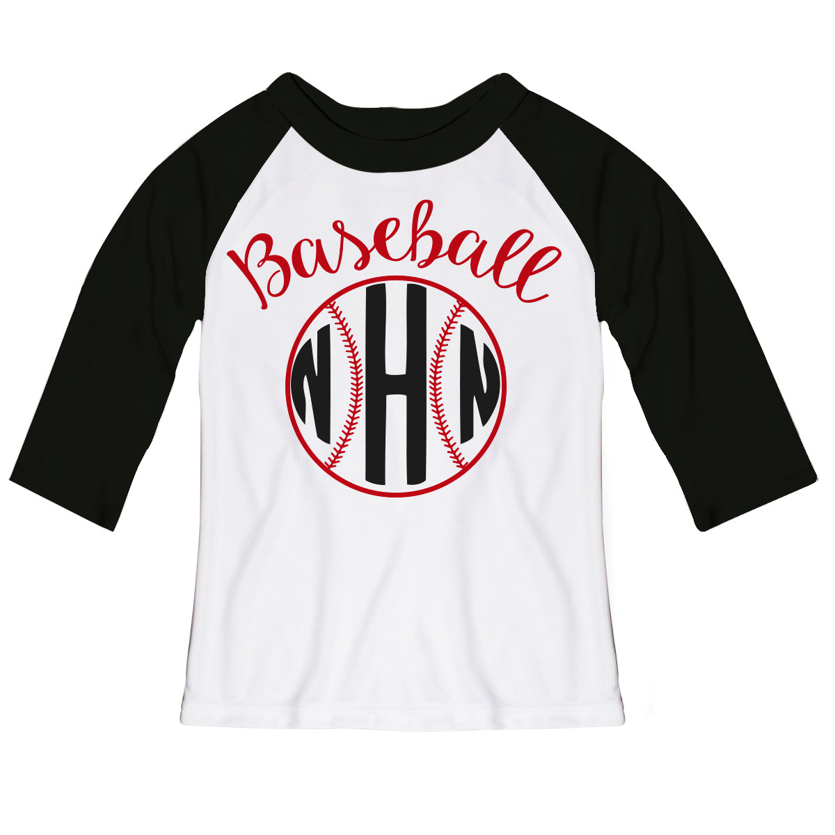 Baseball Monogram White and Black Raglan Tee Shirt 3/4 Sleeve