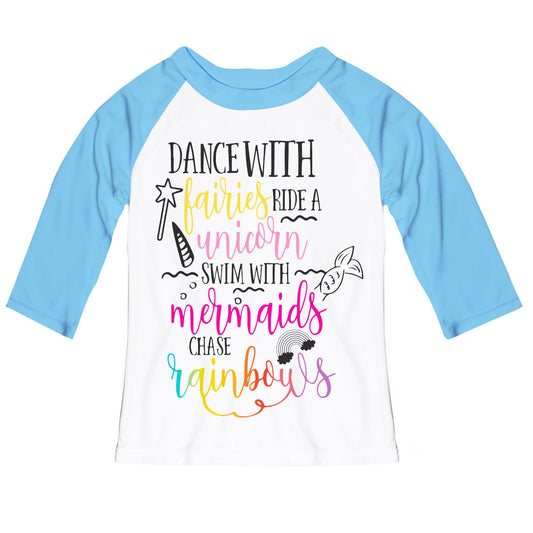 Dance Ride Swim Chase White and Light Blue Raglan Tee Shirt 3/4 Sleeve