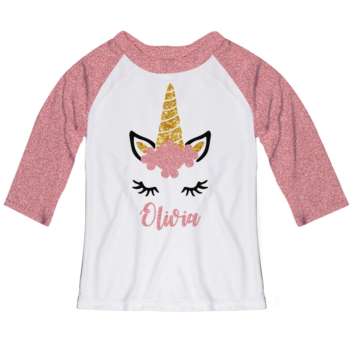 Unicorn Name White and Pink Glitter Raglan Tee Shirt 3/4 Sleeve
