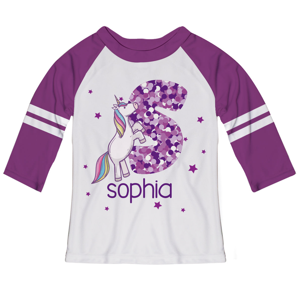 Unicorn Initial and Name White and Purple Ranglan Tee Shirt 3/4 Sleeve