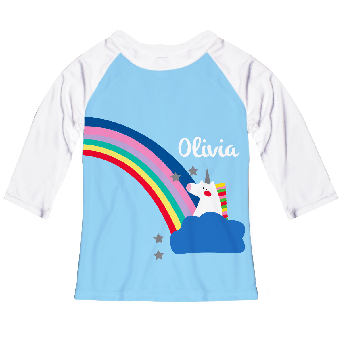 Unicorn Personalized Name Light Blue and White Raglan Tee Shirt 3/4 Sleeve