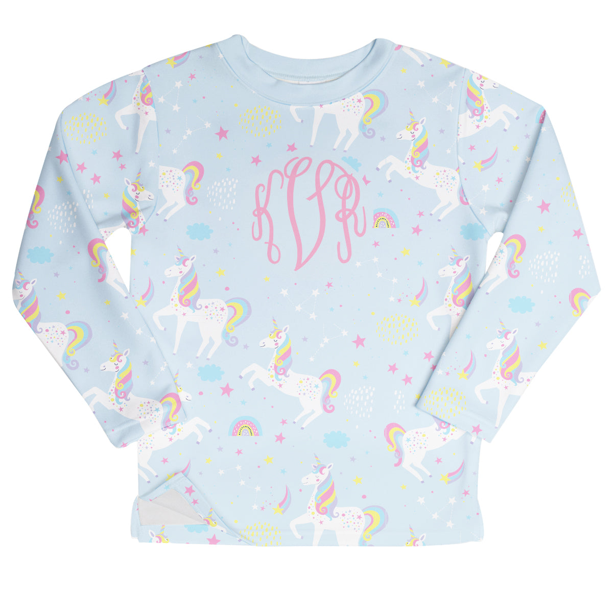 Unicorns Print Personalized Monogram Light Blue Sweatshirt with Side Vents