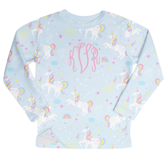 Unicorns Print Personalized Monogram Light Blue Sweatshirt with Side Vents