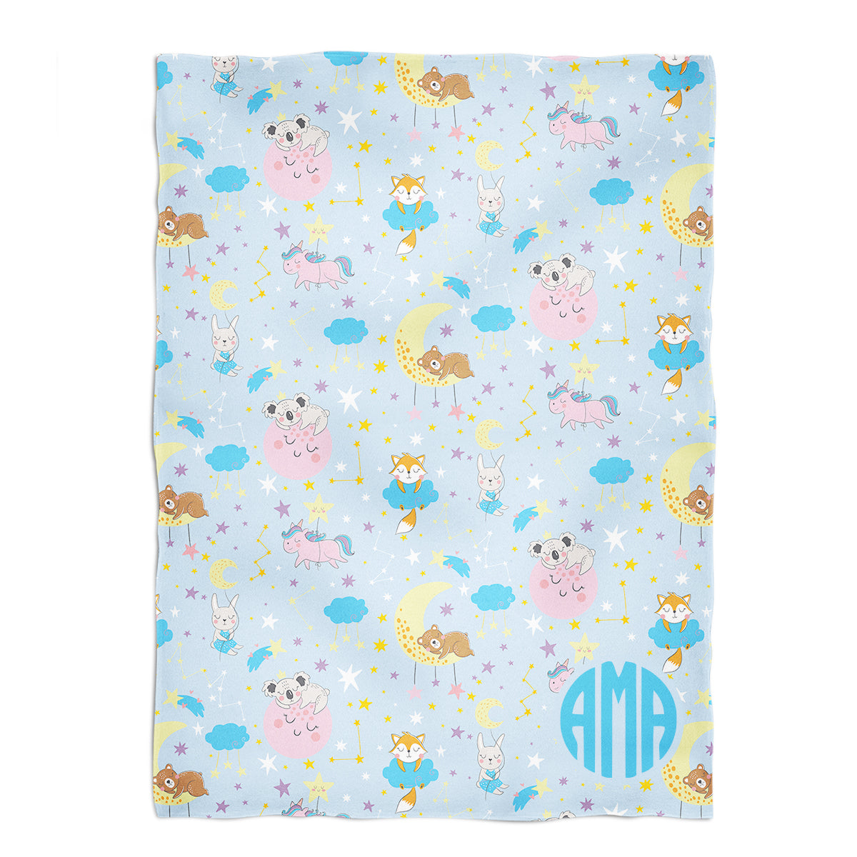 Cute Animals Personalized Monogram Light Blue Plush Minky Throw