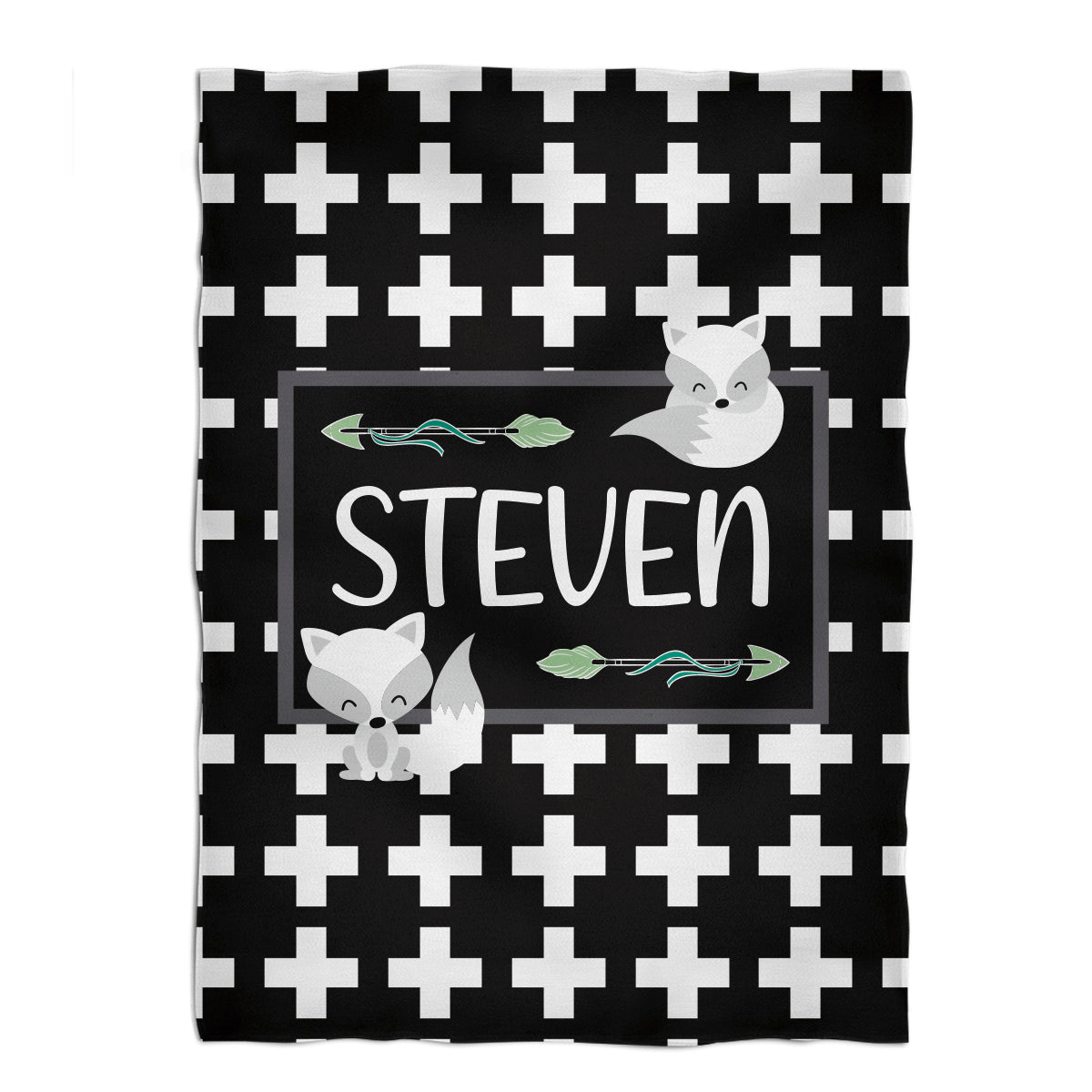 Foxes Personalized Name Black and White Black Plush Minky Throw
