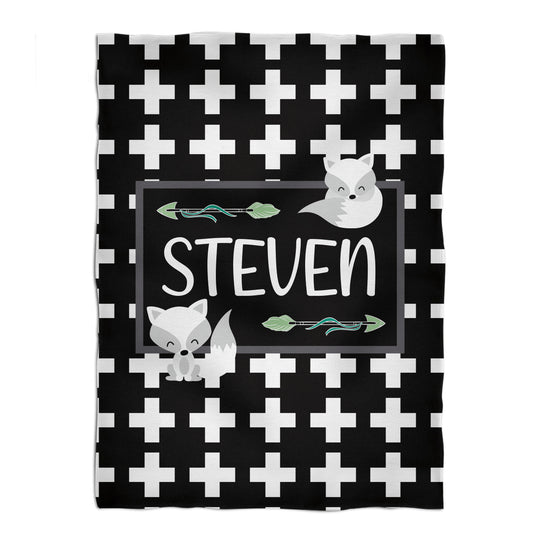 Foxes Personalized Name Black and White Black Plush Minky Throw