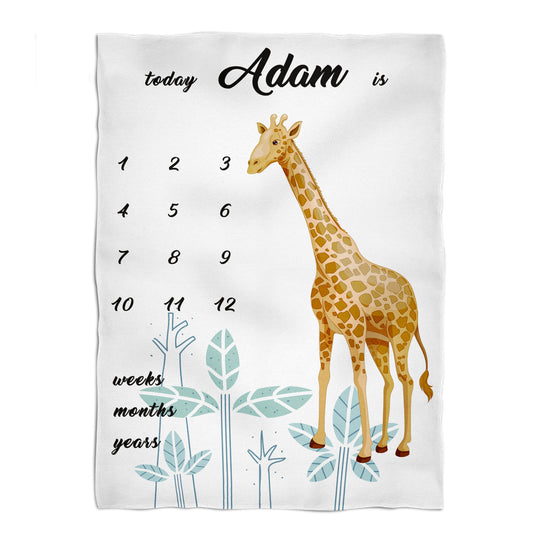 Giraffe Personalized Name Baby Months White Plush Minky Throw