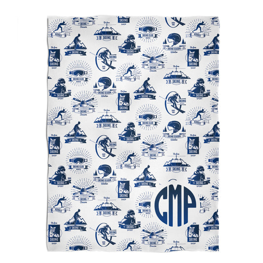 Ski Print Personalized Monogram White Plush Minky Throw