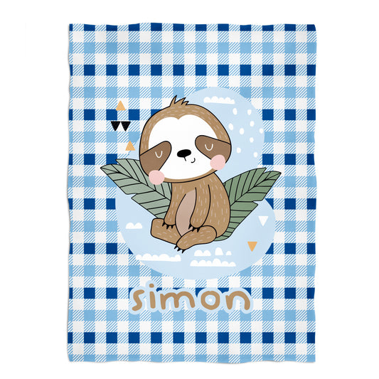 Sloth Personalized Name Blue and White Minky Throw