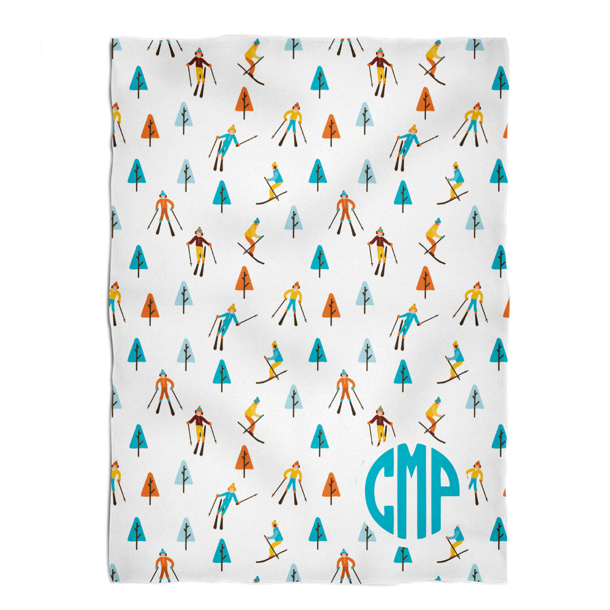 Ski Print Personalized Monogram White and Turquoise Plush Minky Throw