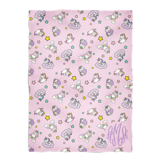 Unicorn and Rainbow Print Personalized Monogram Pink Plush Minky Throw