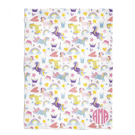 Unicorn Print Personalized Monogram White Plush Minky Throw