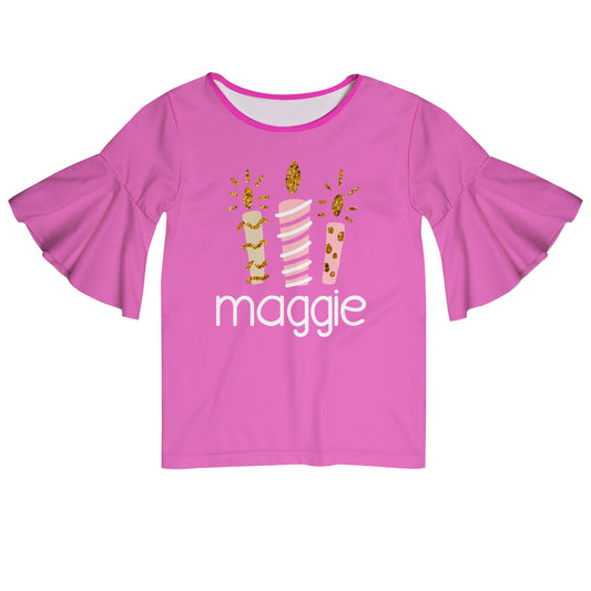 BIrthday Candles Name Pink Short Sleeve Ruffle Top