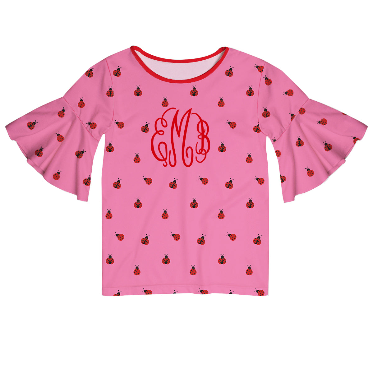 Ladybugs Print Monogram Pink Short Sleeve Ruffle Top