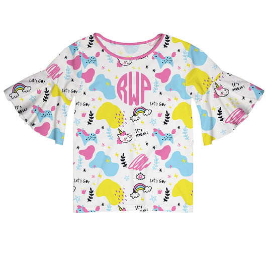 Rainbow and Unicorns Print Monogram White Short Sleeve Ruffle Top