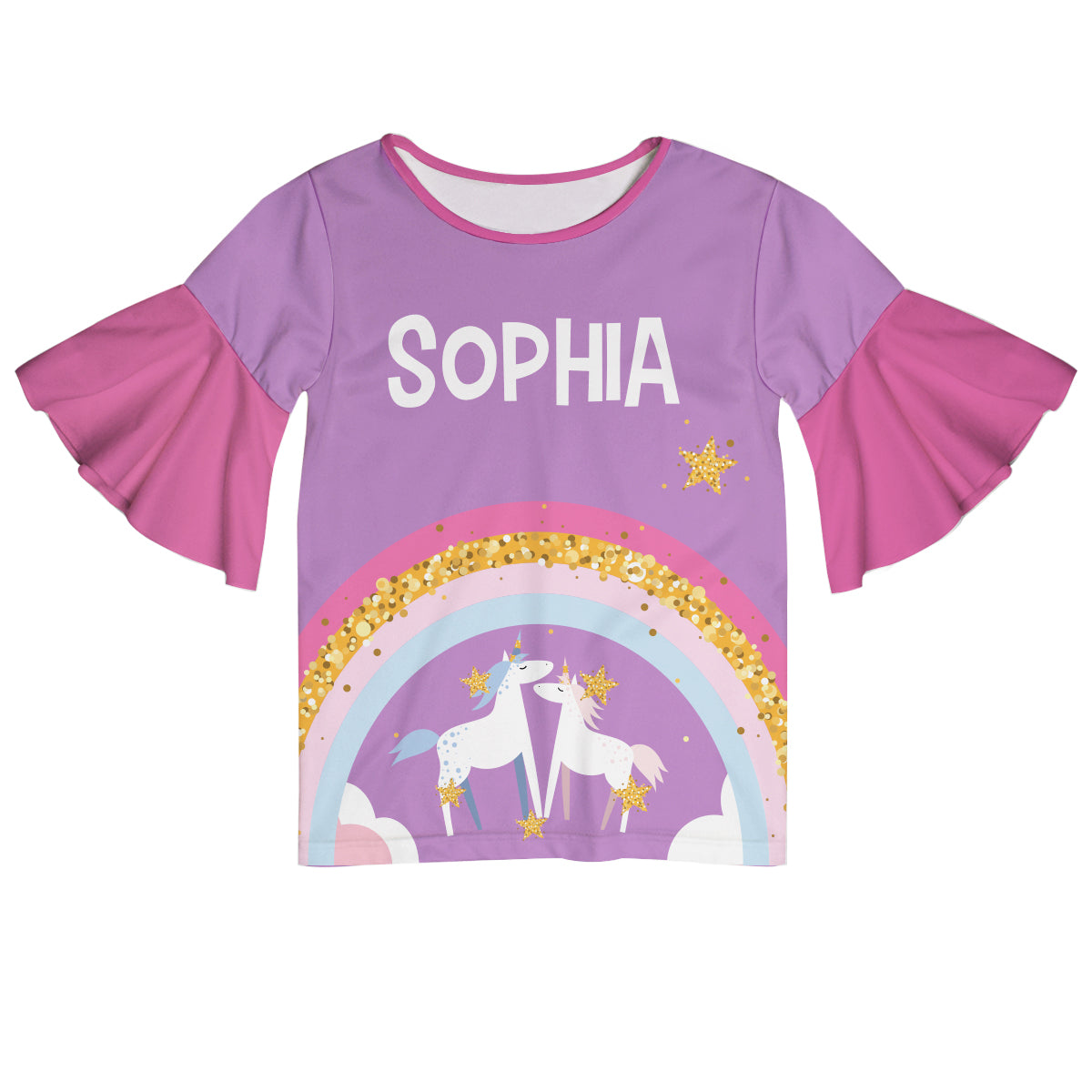 Unicorns Rainbow Name Purple and Pink Short Sleeve Ruffle Top