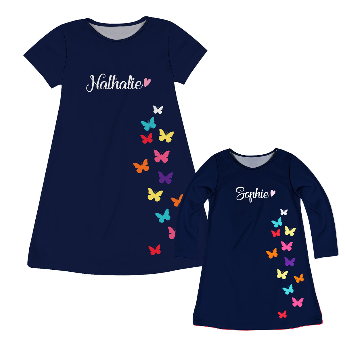 Butterflies Personalized Name Navy and White Short Sleeve A Line Dress - Wimziy&Co.