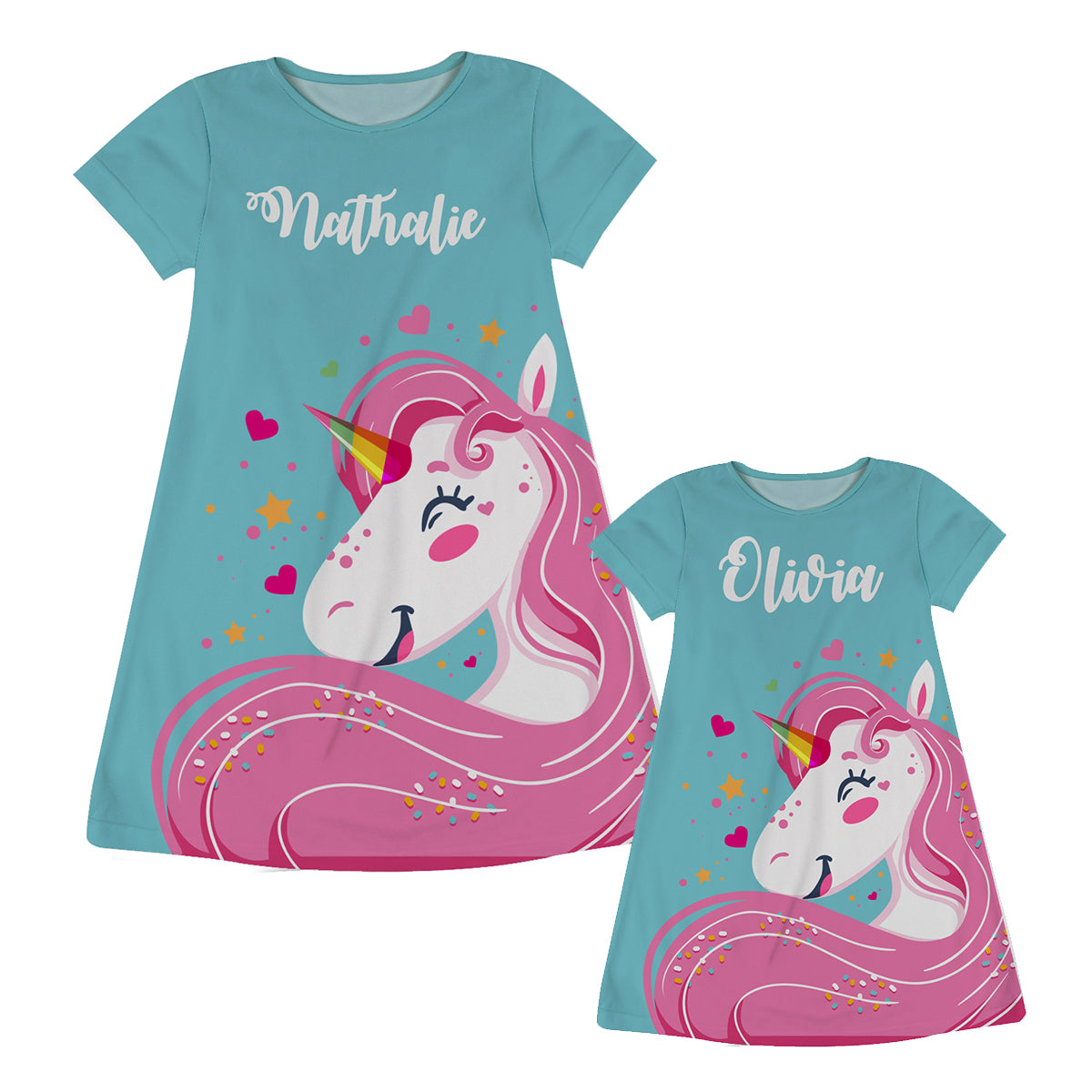 Happy Unicorn Personalized Name Light Blue Short Sleeve A Line Dress - Wimziy&Co.