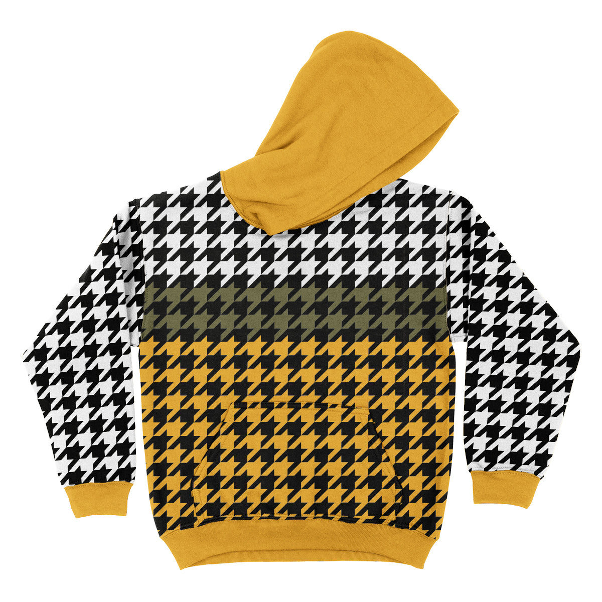 Houndstooth Print White Black and Yellow Fleece Long Sleeve Hoodie