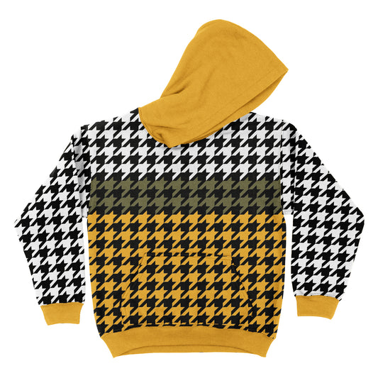 Houndstooth Print White Black and Yellow Fleece Long Sleeve Hoodie