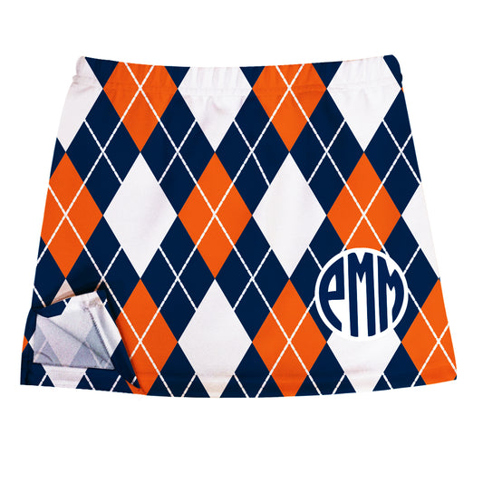 Argyle Personalized Monogram Navy and Orange Skort With Side Vents