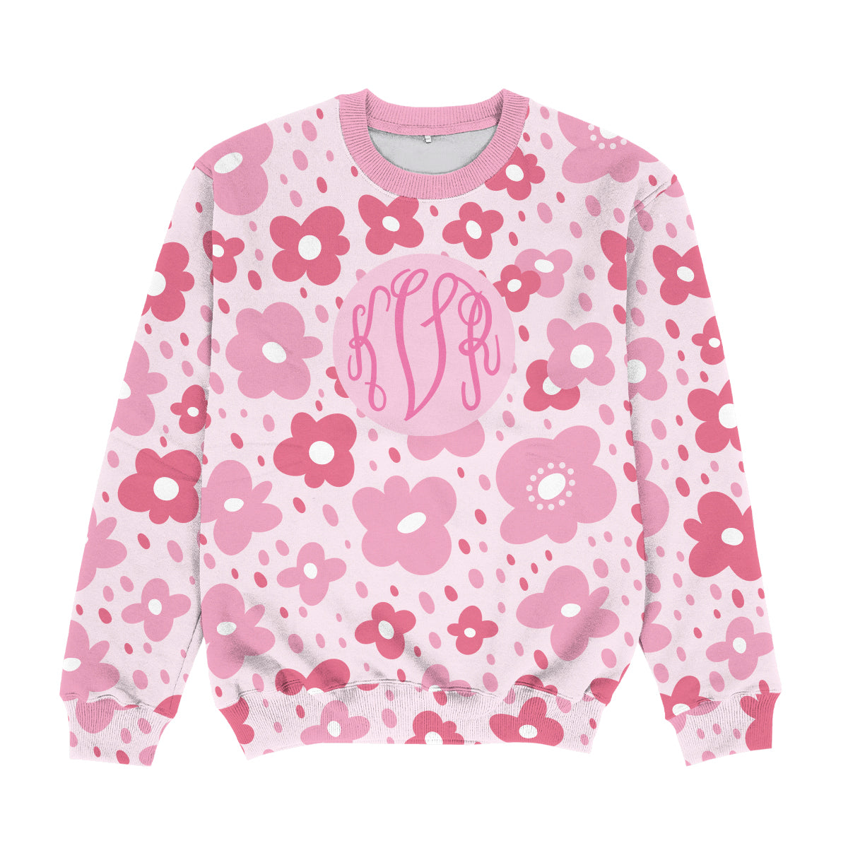 Flowers Print Personalized Monogram Pink Crewneck Sweatshirt