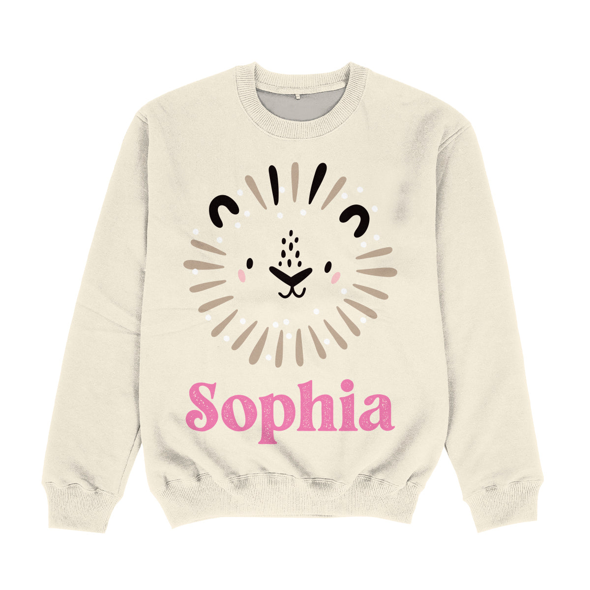 Lion Face Personalized Name Beige Crewneck Sweatshirt
