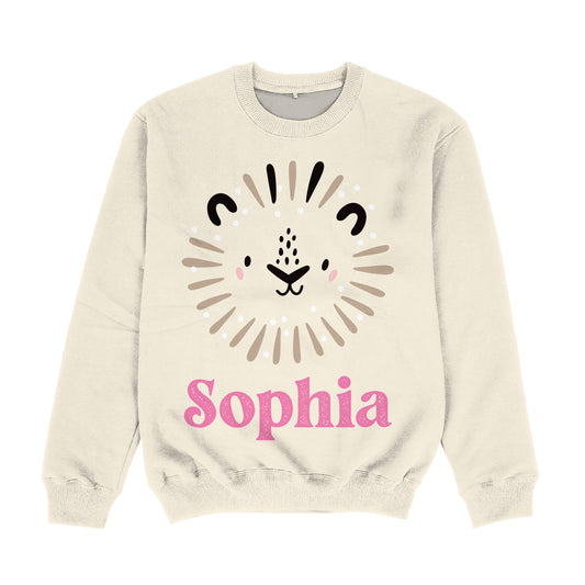 Lion Face Personalized Name Beige Crewneck Sweatshirt