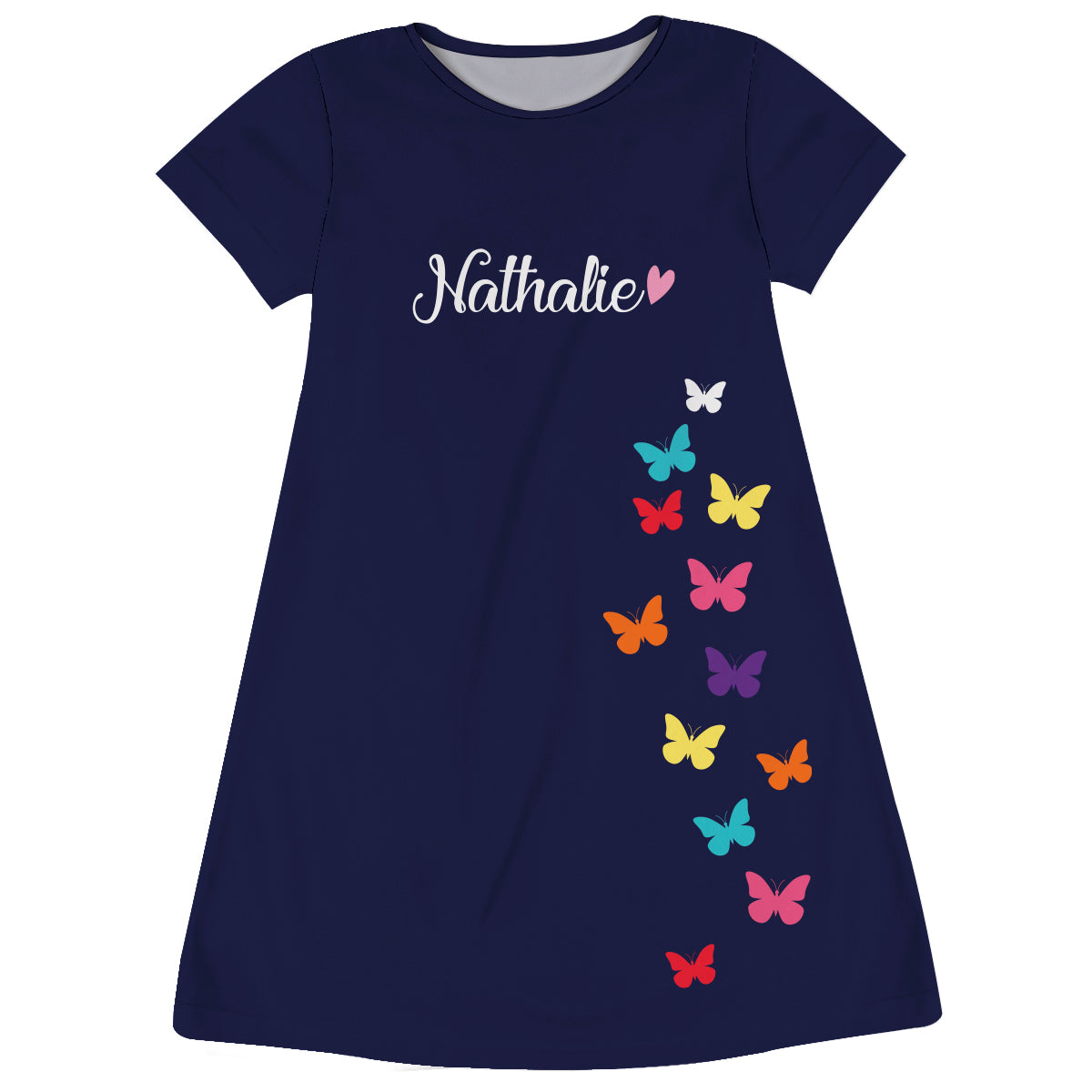 Butterflies Personalized Name Navy and White Short Sleeve A Line Dress