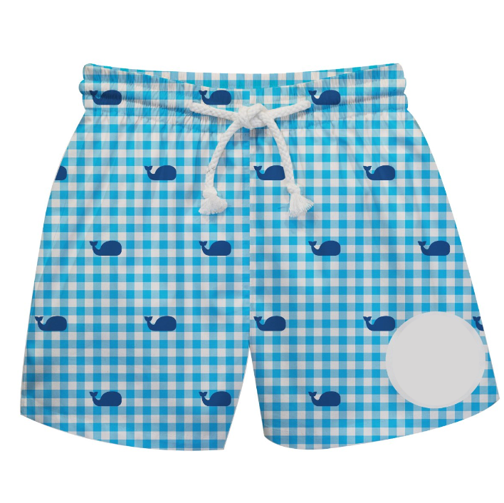 Whale Print Monogram Aqua Check Swimtrunk - Wimziy&Co.