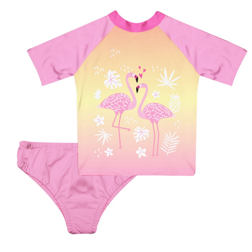Flamingo Name Yellow and Pink 2pc Short Sleeve Rash Guard - Wimziy&Co.