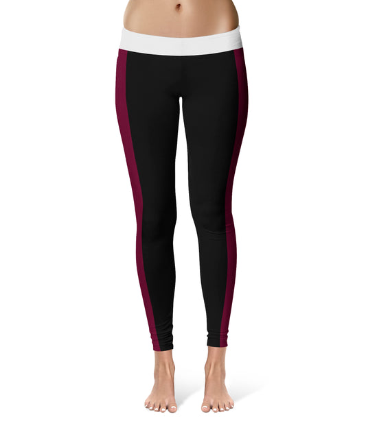 Maroon Stripes Women Black Yoga Leggings 2 Waist Tights"
