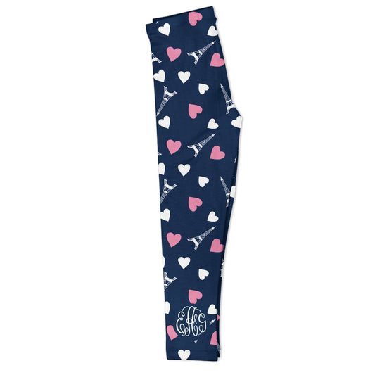 Eiffel Tower And Heart Print Monogram Navy Leggings