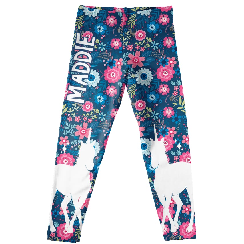 Floral Unicorns Print Personalized Name Blue Leggings