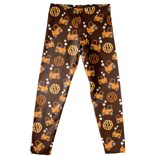Farm Tractor and Personalized Monogram Print Brown Leggings