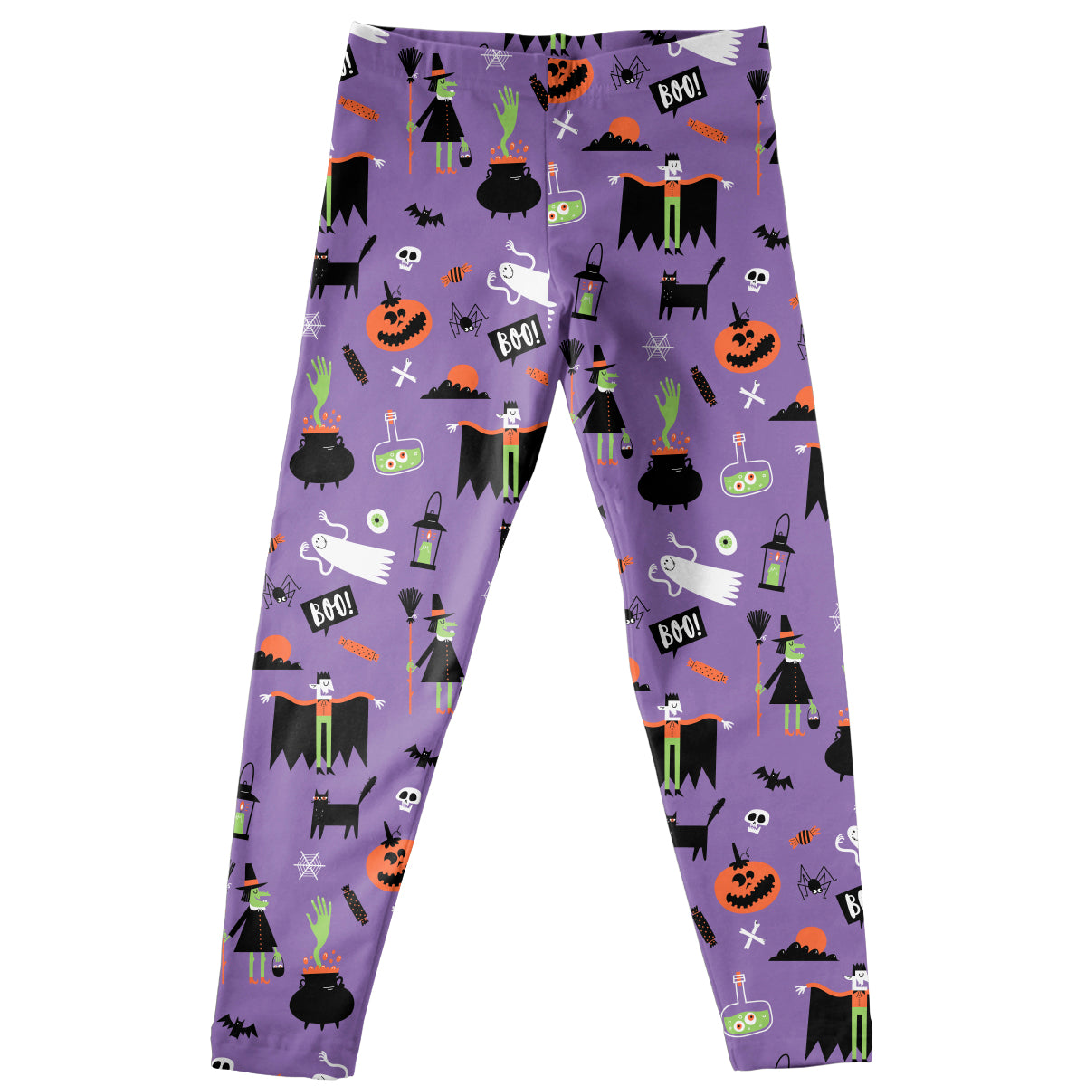 Halloween Witch and Bat Print Purple Leggings